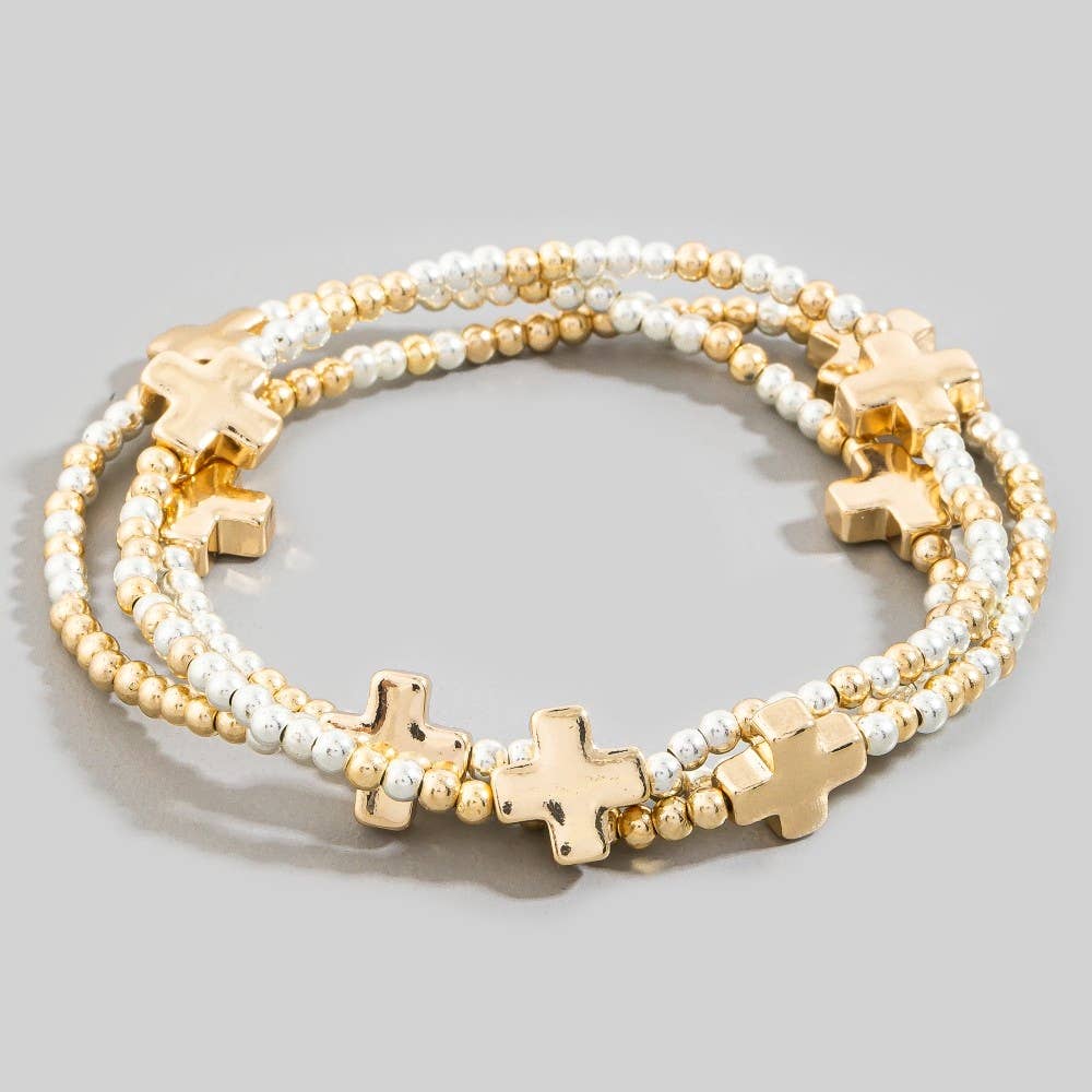Mini Cross Charms And Metallic Beads Bracelet Set