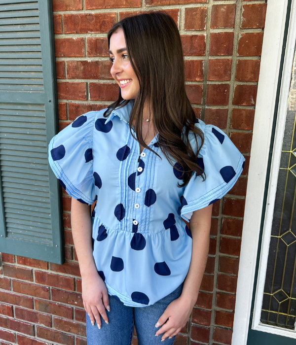 Polka Dot Print Ruffled Button Top