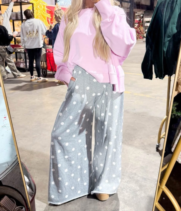 Polka Dot Wide-Leg Knit Lounge Pants Grey