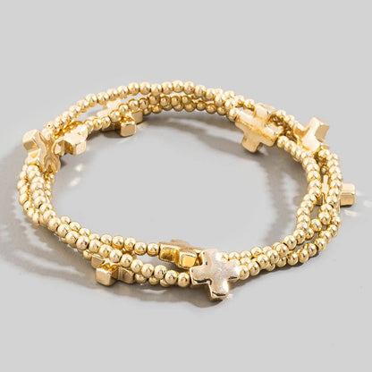 Mini Cross Charms And Metallic Beads Bracelet Set