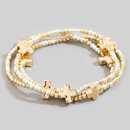 Mini Cross Charms And Metallic Beads Bracelet Set