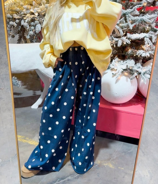Polka Dot Wide-Leg Knit Lounge Pants Navy