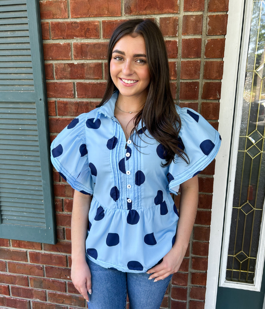 Polka Dot Print Ruffled Button Top