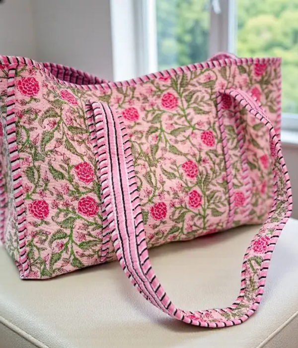Claire Pink Floral Patterned Tote Bag - Small