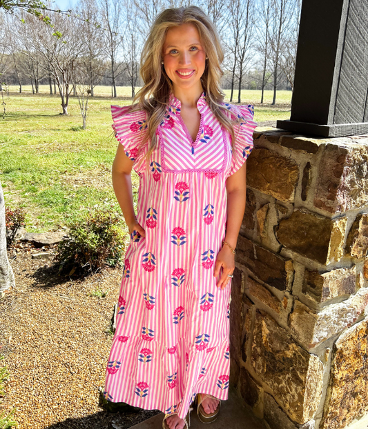 Charleston Pink Stripe Floral Dress