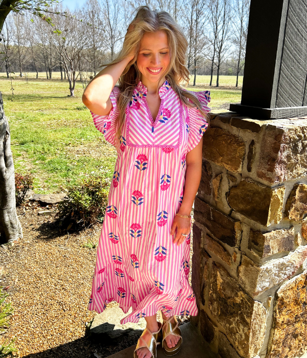 Charleston Pink Stripe Floral Dress