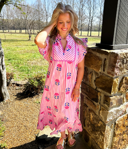 Charleston Pink Stripe Floral Dress