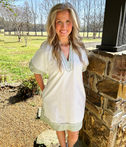 Just In Time Striped V-Neck Mini Dress - Sage