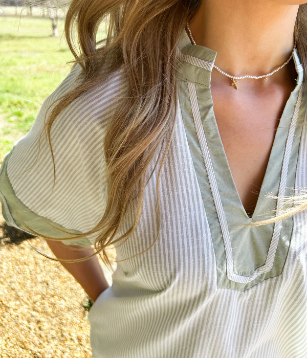 Just In Time Striped V-Neck Mini Dress - Sage