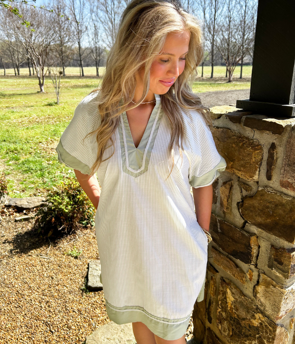Just In Time Striped V-Neck Mini Dress - Sage