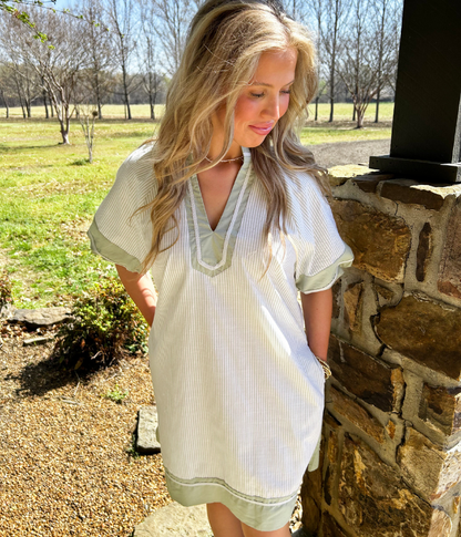 Just In Time Striped V-Neck Mini Dress - Sage
