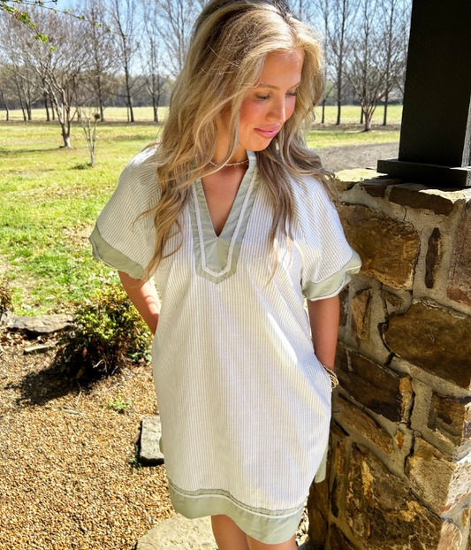 Just In Time Striped V-Neck Mini Dress - Sage