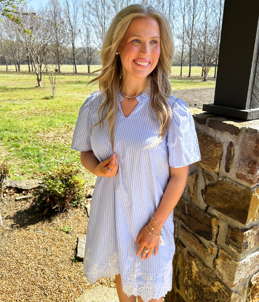 Blue Stripe Lace Hem Dress