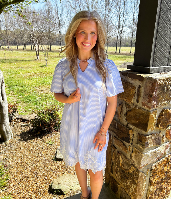 Blue Stripe Lace Hem Dress