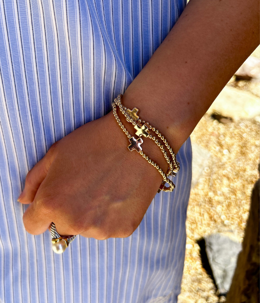 Mini Cross Charms And Metallic Beads Bracelet Set