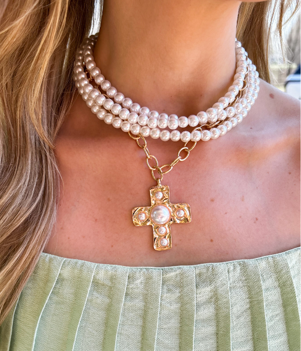 Dylan Pearl Cross Layered Necklace