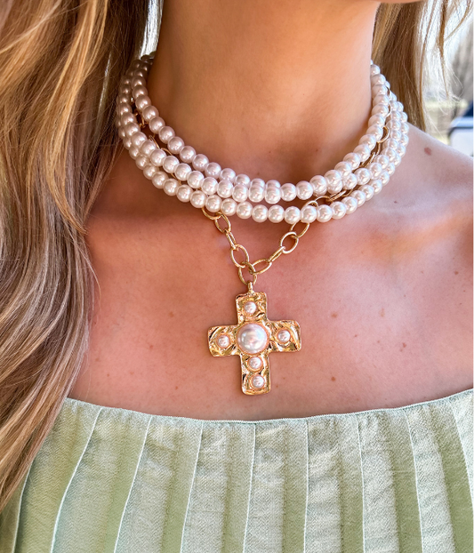 Dylan Pearl Cross Layered Necklace